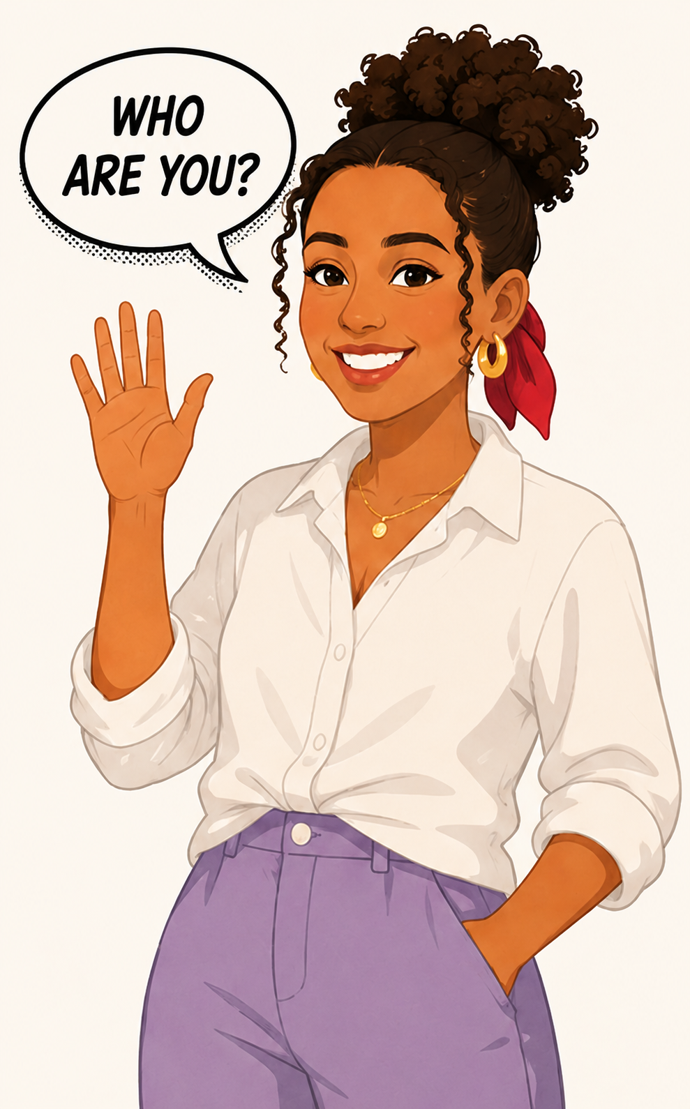 Who Are You? — illustrated character waving with speech bubble